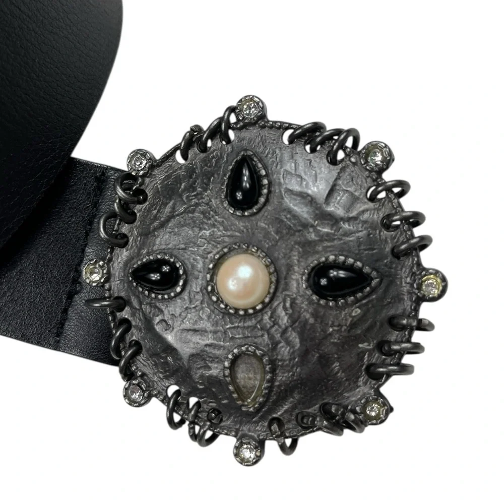 Garugieri Women's Black Leather Belt with Ornate Buckle Size XL Italian Mobwife